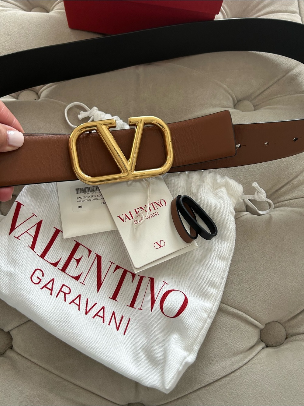 Valentino Garavani Brown Black Reversible Leather Belt with Gold V Logo